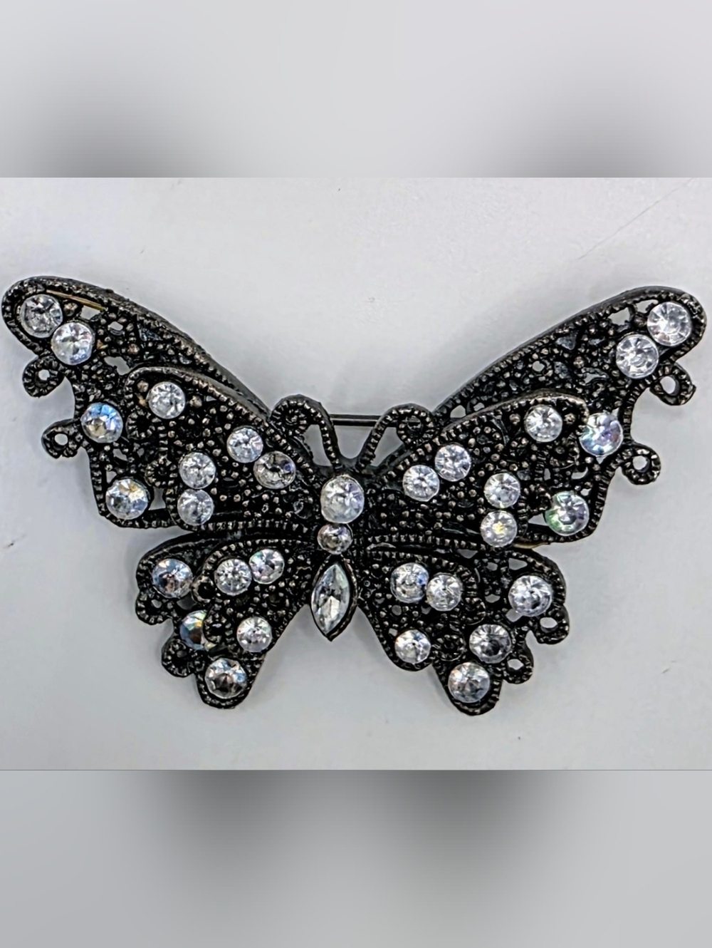 Butterfly Brooch Black Tone Clear Rhinestone Filigree Pin Vintage